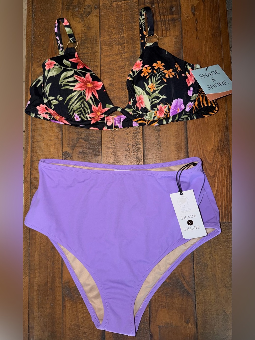 Shade & Shore Black Floral Underwire Top with Lilac High-Waist Bottoms